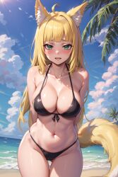 1girls ai_generated beach big_breasts bikini blonde_hair blush cleavage dungeon_ni_deai_wo_motomeru_no_wa_machigatteiru_darou_ka haruhime large_breasts long_hair sanjouno_haruhime smile swimsuit tagme