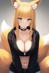 1girls ai_generated big_breasts blonde_hair cleavage dungeon_ni_deai_wo_motomeru_no_wa_machigatteiru_darou_ka fox_girl haruhime kemonomimi large_breasts long_hair sanjouno_haruhime solo tagme