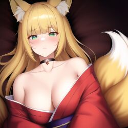 1girls ai_generated big_breasts blonde_hair cleavage dungeon_ni_deai_wo_motomeru_no_wa_machigatteiru_darou_ka fox_girl haruhime kemonomimi large_breasts long_hair solo tagme