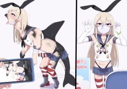 2023 armband aroused bent_over big_tail black_body black_eyes black_skin blonde_hair blush censored cetacean clothing digital_drawing_(artwork) digital_media_(artwork) dildo dolphin dorsal_fin ejaculation erection fake_ears fake_rabbit_ears female fin footwear front_view ftm_transformation fuka_(kantoku) gender_transformation genitals gloves hair hands-free handwear hi_res hybrid id_badge ineffective_censorship japanese_text kantai_collection kaze looking_up mammal marine mask mask_off mid_transformation mind_wipe name_tag navel oceanic_dolphin offscreen_character open_mouth orca penis phone_screen recording sex_toy shark_fin shimakaze_(kantai_collection) shoes side_view simple_background simple_sequence socks standing student tail text tongue tongue_out toothed_whale transformation undressing white_background white_body white_skin yawn