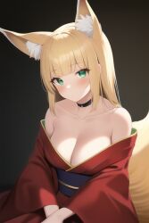 1girls ai_generated big_breasts blonde_hair cleavage dungeon_ni_deai_wo_motomeru_no_wa_machigatteiru_darou_ka fox_girl haruhime kemonomimi large_breasts long_hair sanjouno_haruhime solo tagme