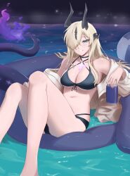 1girls aqua_eyes arknights bare_shoulders big_breasts bikini bikini_bottom bikini_top black_bikini black_bikini_bottom black_bikini_top black_bra black_panties black_swimsuit blonde_hair blue_eyes bra breasts chest cleavage dragon_tail eblana_(arknights) fangsod female female_only hair_over_one_eye half-closed_eyes holding_can horns legs light-skinned_female light_skin long_hair looking_at_viewer navel night panties shirt shirt_down smile smug solo swimming swimsuit tail thighs tin water white_shirt