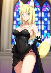 1girls ai_generated alternate_costume big_breasts blonde_hair cleavage dungeon_ni_deai_wo_motomeru_no_wa_machigatteiru_darou_ka fox_girl haruhime latex_suit long_hair nun sanjouno_haruhime tagme