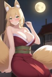 1girls ai_generated big_breasts blonde_hair cleavage dungeon_ni_deai_wo_motomeru_no_wa_machigatteiru_darou_ka fox_girl haruhime kemonomimi large_breasts long_hair sanjouno_haruhime solo tagme