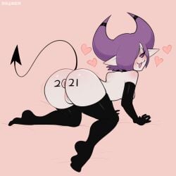 1:1 absurd_res anus ass body_writing breasts demon demon_humanoid female genitals hair hair_over_eye hi_res hole_spelling humanoid nocturnia not_furry one_eye_obstructed original purple_hair pussy sataenart solo spade_tail succubus tail thick_thighs