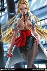 1girls big_breasts blonde_hair breasts breasts_out earrings female female_only human human_only izhardraws lipstick mature_female mostly_clothed nail_polish nintendo nipples oleana_(pokemon) partially_clothed poke_ball pokeball pokemon pokemon_ss red_lipstick red_nails skirt