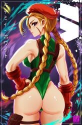 2023 ahoge antenna_hair artist_name ass blonde_hair blue_eyes braid cameltoe cammy_white dated facial_scar female fingerless_gloves from_behind gloves green_leotard hat highleg highleg_leotard huge_ahoge huge_ass leotard long_hair looking_at_viewer looking_back peterete revealing_clothes scar scar_on_cheek scar_on_face shiny_skin solo street_fighter thong_leotard twin_braids very_long_hair wide_hips