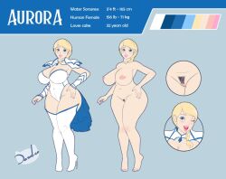 armor aurora_(zero_one) blonde_hair blue_eyes braid braided_hair braided_ponytail character_sheet curvy dazol gauntlets lipstick pubic_hair reference_image reference_sheet tagme wink winking winking_at_viewer