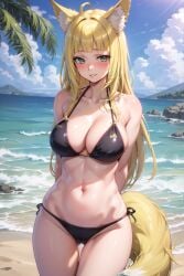 1girls ai_generated beach big_breasts bikini blonde_hair blush cleavage dungeon_ni_deai_wo_motomeru_no_wa_machigatteiru_darou_ka haruhime large_breasts long_hair sanjouno_haruhime smile swimsuit tagme