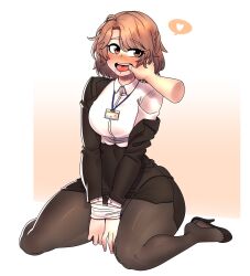 black_footwear black_jacket blush brown_eyes brown_hair finger_in_mouth js4935 office_lady pantyhose saliva thick_thighs white_shirt wrists_tied