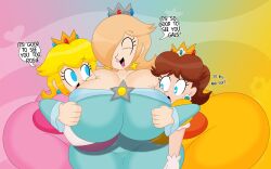 3barts 3girls ass_bigger_than_head big_ass big_breasts big_butt blonde_hair blue_eyes boob_window breasts_bigger_than_head brown_hair casual_nudity dialogue female female_only huge_ass huge_breasts lipstick mario_(series) massive_breasts multiple_girls nintendo no_bra princess_daisy princess_peach princess_rosalina revealing_clothes text text_bubble thick_thighs wide_hips