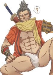 1boy abs bara biceps bulge clothing erection_under_clothes facial_hair fromsoftware fundoshi gay hairy hairy_chest hi_res highres looking_at_viewer male male_focus male_only male_pubic_hair muscles muscular muscular_arms muscular_legs muscular_male muscular_thighs nipples no_visible_genitalia peng7496 sekiro sekiro:_shadows_die_twice solo solo_male spread_legs