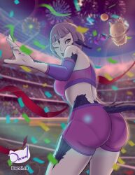 ass_focus au_ra bolormaia confetti dazol final_fantasy_xiv fireworks horns moogle running short_hair shorts sports_bra sportswear stadium tagme tail violet_hair