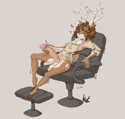 anthro antlers asroyal_sagittarius balls big_penis cervine chair close_to_bursting closed_eyes clothing deer digital_media_(artwork) dullvivid erection fur furniture genitals hair hi_res hooves horn humanoid_genitalia humanoid_penis male mammal masturbation ottoman penis simple_background sitting solo