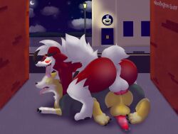 absurd_res alley animal_genitalia anus ass balls bodily_fluids boltund breath canid canine canis claws cum cum_in_penis cum_inside cum_on_ground detailed_background digital_media_(artwork) doggy_style domestic_dog duo ejaculation erection feral from_behind_position fur generation_7_pokemon generation_8_pokemon genital_fluids genitals half-closed_eyes hi_res knot lugarugan lycanroc male male/male male_penetrated male_penetrating male_penetrating_male mammal midnight_lycanroc moon narrowed_eyes neon neon_lights night nintendo nude open_mouth outside panting pawpads paws penetration penis pokemon pokemon_(species) precum public public_sex pulsewan rear_view red_body red_fur sex sky smile spread_legs spreading street tail tongue tongue_out video_games white_body white_fur woofington_gator yellow_body yellow_fur