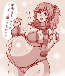 areola_slip cameltoe cold dark_nipples huge_belly inuyama_aoi knightraid000 large_breasts micro_bikini pregnant scarf snow translation_request yurucamp