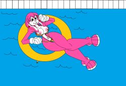 big_breasts big_hips bikini bikini_lift cartoony cute_expression earrings furry long_ears marlon64 naked_boots pink_fur pink_hair pool pool_float poolside rabbit_girl rabbit_humanoid showing_breasts shyna_the_bunny teenage_girl