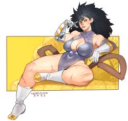 1girls bent_leg big_breasts black_hair boots cleavage_cutout commission dragon_ball female female_only gloves hi_res leotard long_hair looking_at_viewer muscular muscular_female norasuko orange_eyes original original_character robotic_arm saiyan scar scar_on_face scars sitting solo tail thick_thighs