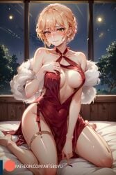 1girls ai_generated artsbuyu blonde_hair blush dress embarrassed feet girls'_frontline hi_res medium_breasts nipple_slip nipples orange_eyes ots-14_(girls'_frontline) red_dress short_hair stable_diffusion wariza