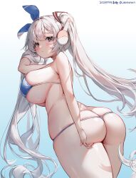 expressionless flicking_hair hair_ribbon headgear huge_ass huge_breasts jeonhayan rear_view signature thong thong_bikini twintails very_long_hair white_hair