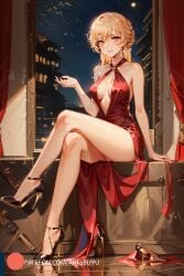 1girls ai_generated artsbuyu black_heels blonde_hair blush crossed_legs dress girls'_frontline heels hi_res high_heels medium_breasts orange_eyes ots-14_(girls'_frontline) red_dress short_hair sitting stable_diffusion