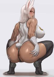 absurdres anal_hair animal_ears anus anus_hair anus_peek ass bare_shoulders blush boku_no_hero_academia breasts covered_nipples crescent_print dark-skinned_female dark_skin female female_pubic_hair from_behind full_body gloves haloo1101 hands_on_own_ass highleg highleg_leotard highres large_breasts leotard long_hair looking_at_viewer looking_back median_furrow miruko my_hero_academia parted_bangs parted_lips pubic_hair purple_thighhighs rabbit_ears rabbit_girl rabbit_tail red_eyes rumi_usagiyama sleeveless_turtleneck_leotard solo spread_ass squatting sweat tail taut_leotard thighhighs thighs tiptoes toned uncensored usagiyama_rumi white_gloves white_hair white_leotard