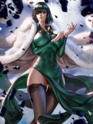 debris dress flying fubuki_(one-punch_man) fur_coat green_dress green_eyes green_hair liang_xing one-punch_man panties pearl_necklace sky stockings