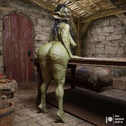 3d 3d_(artwork) ass black_hair cellulite daz3d daz_3d daz_studio feet goblin goblin_female green_skin hag hybrid looking_at_viewer lowhangingfruit3d_(artist) mature_female monster old older older_female overweight overweight_female presenting presenting_ass sagging_breasts seenx_(lhf3d) table thick_thighs ugly ugly_female witch