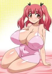 10s alluring breasts brown_eyes closed_mouth covered_erect_nipples dress female female_focus fixed fujinoki_nene full_body hajimete_no_gal highres huge_breasts looking_at_viewer naked_under_clothes navel nightgown no_bra no_panties no_underwear nude_underneath photoshop pink_hair shortstack sitting smile solo third-party_edit twintails yukimaru_(gojo)