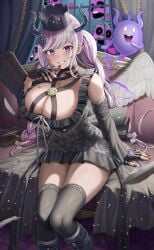 black_dress black_nails black_thighhighs book braid breasts cleavage couch crown curtains dress feathered_wings female fingerless_gloves frilled_skirt frills ghost gloves hair_ornament highres horns large_breasts long_hair looking_at_viewer master_detective_archives:_rain_code multicolored_hair purple_eyes purple_hair shinigami_(rain_code) silvertsuki skirt smile thighhighs thighs twin_braids two_tone_hair white_hair wings