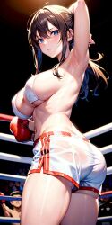 ai_generated big_ass big_breasts blue_eyes boxing_gloves boxing_ring boxing_shorts brown_hair caelxn large_ass large_breasts long_hair ponytail see-through_clothing stable_diffusion thick_ass thick_thighs