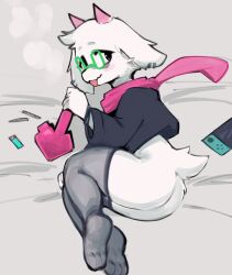 1boy 1femboy 1furry anthro anthro_male ass black_shirt blep blush bottomless croptop deltarune femboy furry furry_only girly glasses goat hatsumiilkshake horn looking_aside looking_at_viewer male male_only nintendo nintendo_switch on_bed pink_horns pink_scarf ralsei ralsei_with_white_fur scarf smoking_weed solo solo_male thighhighs tongue tongue_out undertale_(series) video_games weed white_fur