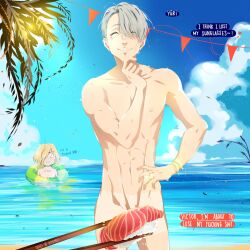 beach blonde_hair convenient_censoring gray_hair katsuki_yuuri sushi viktor_nikiforov yuri_plisetsky