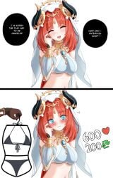 1boy 1girls aether_(genshin_impact) belly_dancer belly_dancer_outfit bikini blue_eyes blush breasts dokimaru embarrassed english_text genshin_impact girls_reacting_to_bikini_(meme) horn micro_bikini midriff nilou_(genshin_impact) red_hair veil wavy_mouth