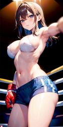 ai_generated big_ass big_breasts blue_eyes boxing_gloves boxing_shorts bra brown_hair caelxn fit large_breasts long_hair selfie sportswear stable_diffusion thick_ass thick_thighs white_bra