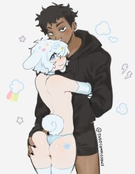 :3 animal_ears animal_humanoid artist_name ass big_dom_small_sub black_hoodie blue_eyes blue_panties blush brown_skin butt_grab dark_skin ear_piercing female hoodie human interspecies interspecies_relationship larger_male_smaller_female looking_back looking_back_at_viewer male nipple nipples panties panties_only sheph size_difference smaller_female smile smiling_at_viewer standing stockings thighhighs tnso topless white_hair white_thighhighs