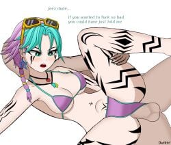 1boy 1girls alternate_version_available anal anal_sex annoyed bikini daikiri_di_mon dialogue fortnite fortnite:_battle_royale green_eyes multicolored_hair navel_piercing penetration secretly_loves_it selene_(fortnite) spoon_position spooning stomach_bulge straight tattoo text