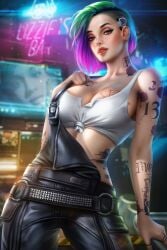 1girls ayyasap cyberpunk cyberpunk_2077 dyed_hair female female_focus female_only judy_alvarez lesbian lizzie's_bar multicolored_hair red_lipstick solo solo_female tattoo tattooed_arm tattooed_breast tattoos wide_hips woman