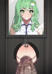 1boy 1girls animated buckethead_ero censored fellatio frog gimp_mask glory_hole gloryhole green_eyes green_hair hairclips nose_hook penis photo photo_(object) picture_frame pov sanae_kochiya sex shorter_than_30_seconds sound touhou uniform video