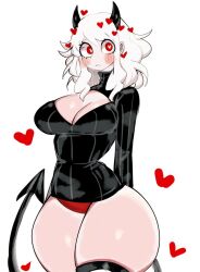 black_horns black_sweater black_tail blush breasts cleavage curvy demon demon_girl demon_horns demon_tail female heart heart-shaped_pupils helltaker horns modeus_(helltaker) panties red_eyes red_panties ribbed_sweater standing sweater symbol-shaped_pupils tail thick_thighs thighs underwear usa37107692 white_background white_hair wide_hips