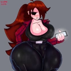 big_ass big_breasts big_thighs black_clothing brown_hair fnf fnf_mods friday_night_funkin girlfriend_(friday_night_funkin) long_hair massive_breasts phone red_hair scrapmax serious simple_eyes thunder_thighs trepidation_gf_(friday_night_funkin)