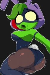 1girls bunnysuit female female_only green_shadow_(pvz) green_skin hood mask masked pantyhose peashooter_(pvz) plant_girl plantie plants_vs_zombies plants_vs_zombies:_heroes r_bismut rbismut video_games worried