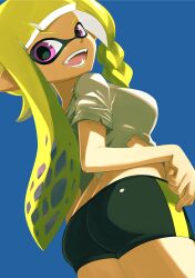 1girls ass ass_cleavage big_ass big_breasts bike_shorts blonde_hair blush breasts busty butt_crack butt_crack_outline female gym_shorts highres inkling inkling_girl large_breasts long_hair looking_at_viewer looking_back midriff muramasa_mikado new_agent_3_(splatoon) nintendo pointy_ears ripped_clothing shirt short_shorts shorts sideboob smile solo splatoon splatoon_(series) splatoon_3 standing t-shirt torn_clothes torn_shirt white_shirt yellow_eyes yellow_hair