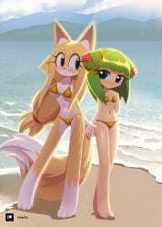 2_toes 2girls 3_toes alien alien_girl anthro barefoot beach big_breasts bikini blush breasts cosmo_the_seedrian feet female flat_chest fox furry gold_bikini gold_swimsuit hand_holding howxu navel plant plant_girl sand seedrian sega sonic_(series) sonic_boom sonic_the_hedgehog_(series) sonic_x swimsuit tagme toes water zooey_the_fox