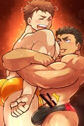 2boys aopanda ass bar_censor bara black_hair black_male_underwear blush brown_hair bulge censored closed_eyes erection highres large_pectorals licking licking_nipple looking_at_another male_focus male_underwear multiple_boys muscular muscular_male open_mouth orange_male_underwear original pectorals penis short_hair thick_thighs thighs tongue tongue_out underwear yaoi