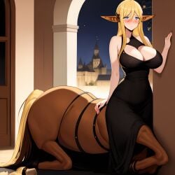 ai_generated black_bra blonde_hair blue_eyes bowtie bra bra_visible_through_clothes centaur centorea_shianus clothed clothing ecchi equine_ears equine_humanoid female female_focus female_only flower furr_app horse_ears humanoid humanoid_pointy_ears long_ears long_hair looking_up monster_girl monster_musume monster_musume_no_iru_nichijou no no_humans no_penetration orange_bowtie ponytail raining tagme tie wet_clothes wet_shirt white_shirt