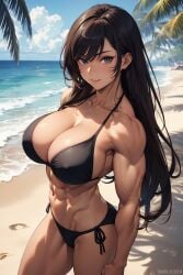 1girls abs ai_generated beach bicep_vein biceps bikini bikini_bottom bikini_top black_hair cleavage_cutout clouds coconut_tree collarbone deltoids elee0228 grey_eyes hips huge_breasts long_hair looking_at_viewer muscular_female original sea seaside sideboob sky smiling_at_viewer thick_thighs thighs visible_nipples