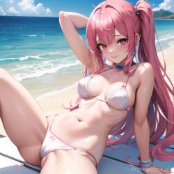 beach bikini chest eyes female hair heterochromia medium pink red seductive slim smile white_skin