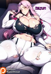 ai_generated big_breasts black_crop_top huge_breasts large_breasts long_hair lying_on_back lying_on_bed mature_female on_back on_bed pink_hair razorthreat sagiri_yuuko seductive spread_legs stable_diffusion triage_x voluptuous voluptuous_female white_jacket white_pants yellow_eyes