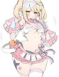 blush cheerleader cheerleader_uniform embarrassed facial_markings hololive hololive_gen_5 hololive_japan kneesocks kuma_no_bansoukou large_breasts momosuzu_nene skindentation slender_waist star_marking sweat thick_thighs underboob virtual_youtuber wide_hips zettai_ryouiki